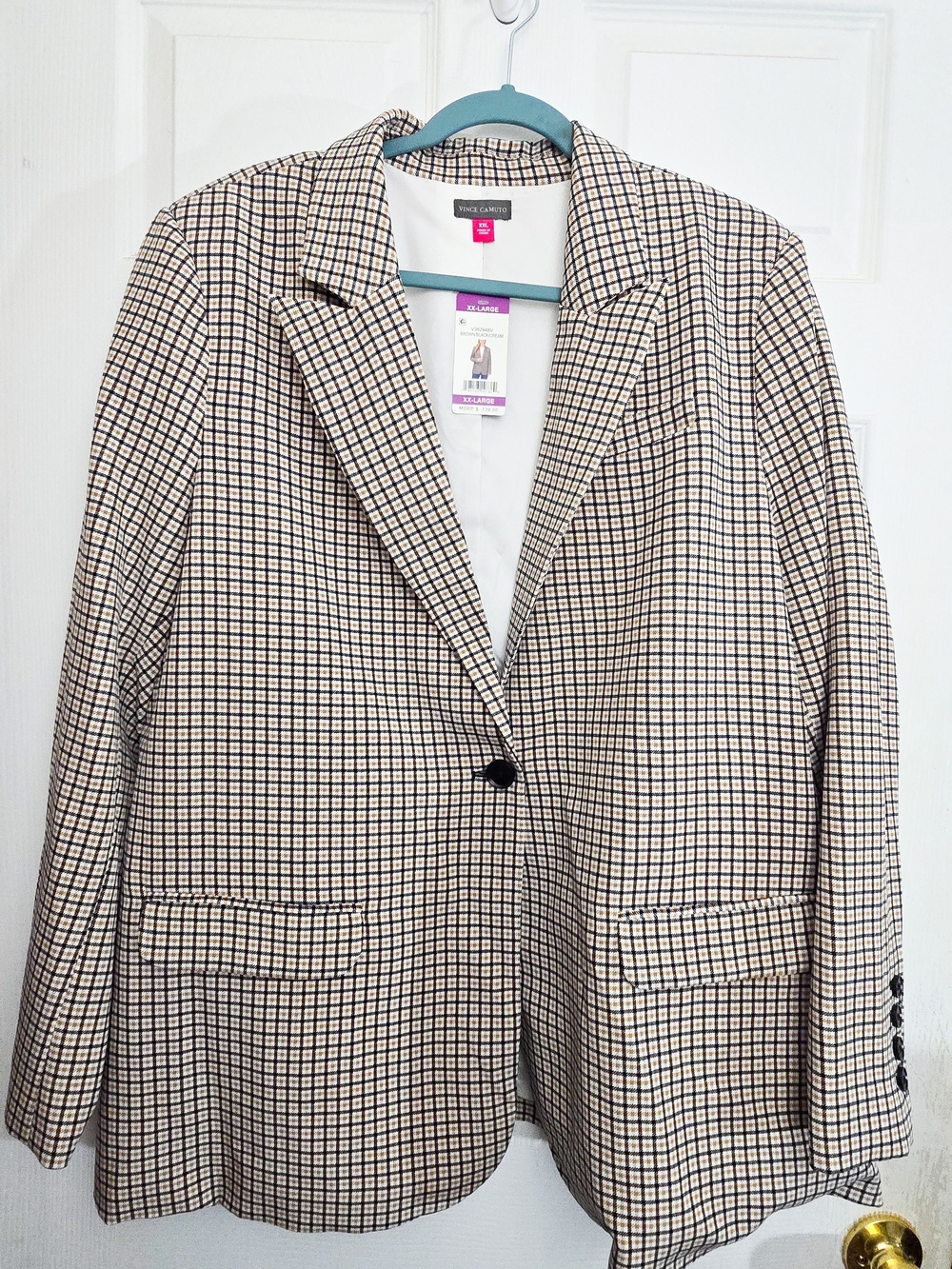 Vince Camuto Plaid Blazer XXL Brown Black Cream Stretch One Button NWT - Picture 2 of 10